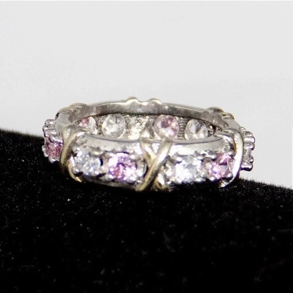 Sterling Silver Pink Clear CZ Eternity Band Ring‎ Size 7 S925 X Kiss Motif